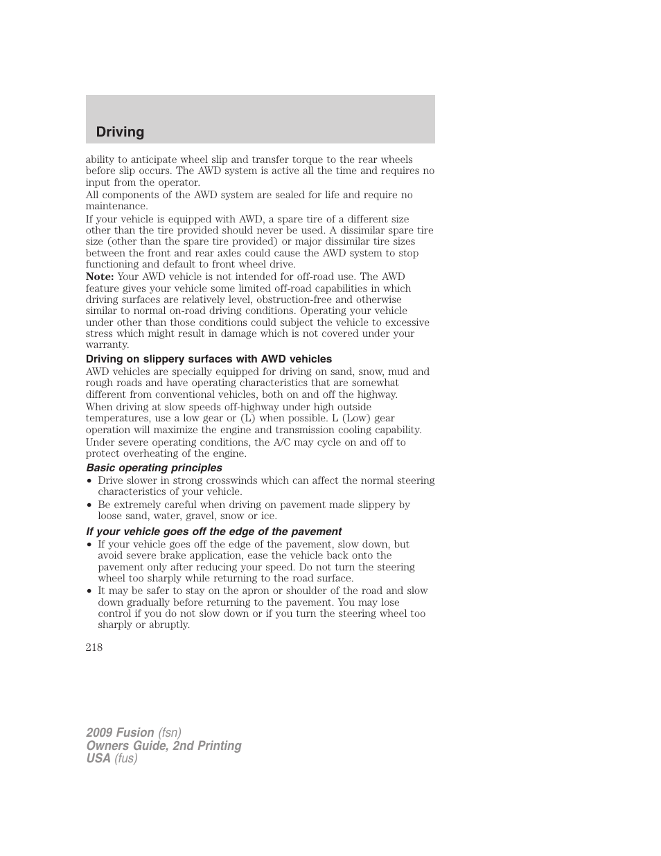 Driving on slippery surfaces with awd vehicles, Basic operating principles, If your vehicle goes off the edge of the pavement | Driving | FORD 2009 Fusion v.2 User Manual | Page 218 / 314