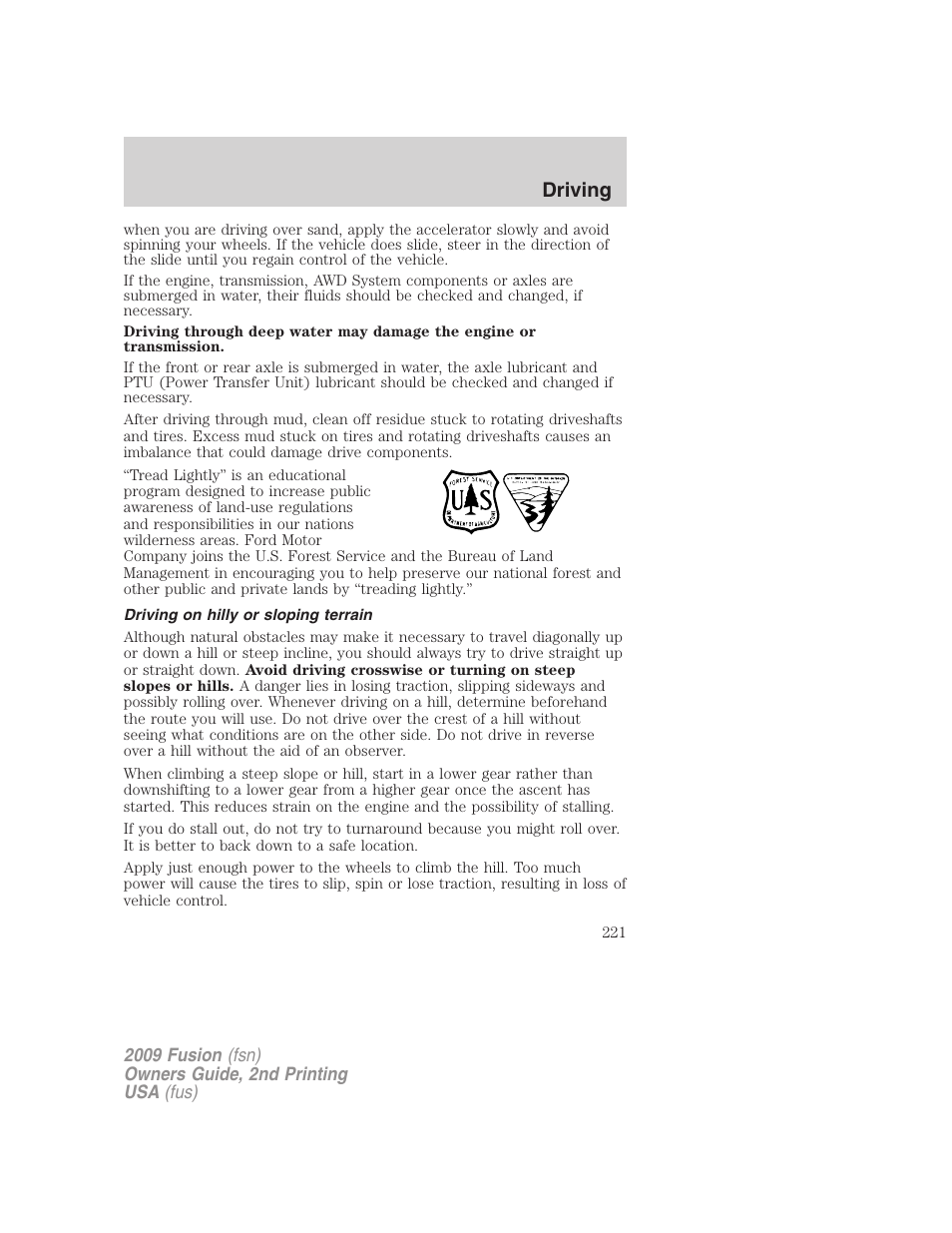 Driving on hilly or sloping terrain, Driving | FORD 2009 Fusion v.2 User Manual | Page 221 / 314