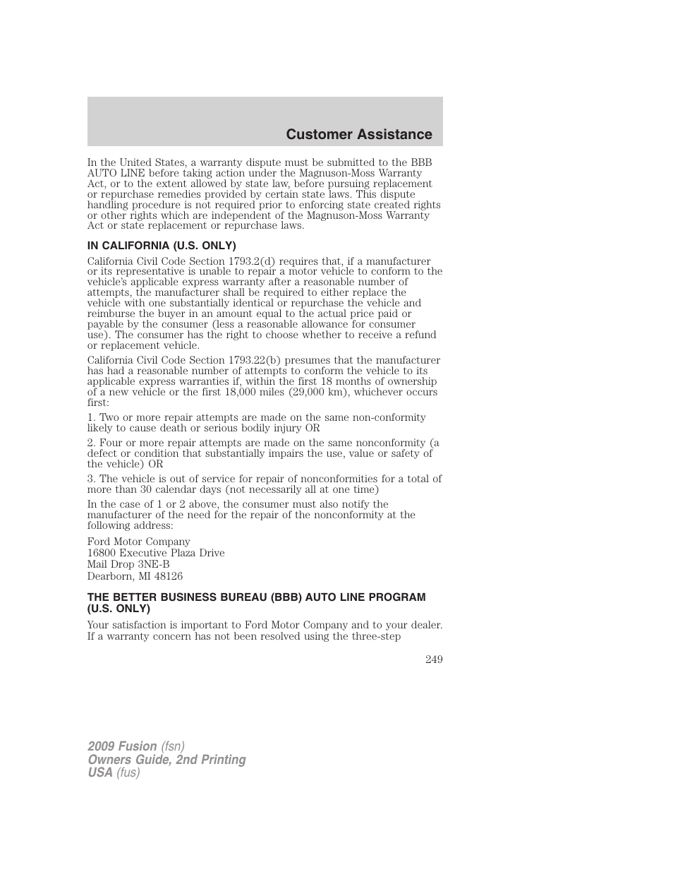 In california (u.s. only), Customer assistance | FORD 2009 Fusion v.2 User Manual | Page 249 / 314