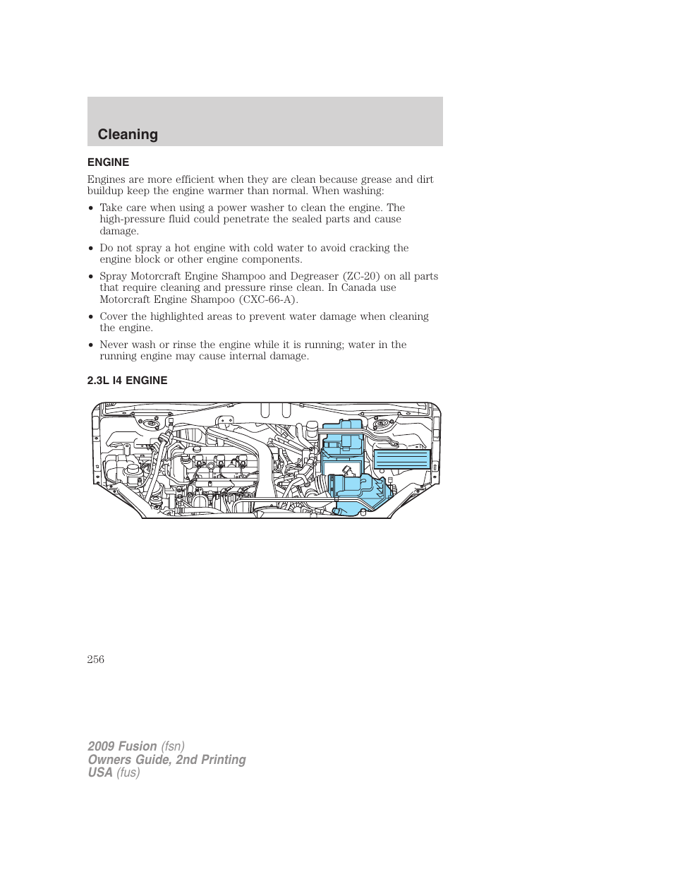 Engine, 3l i4 engine, Cleaning | FORD 2009 Fusion v.2 User Manual | Page 256 / 314