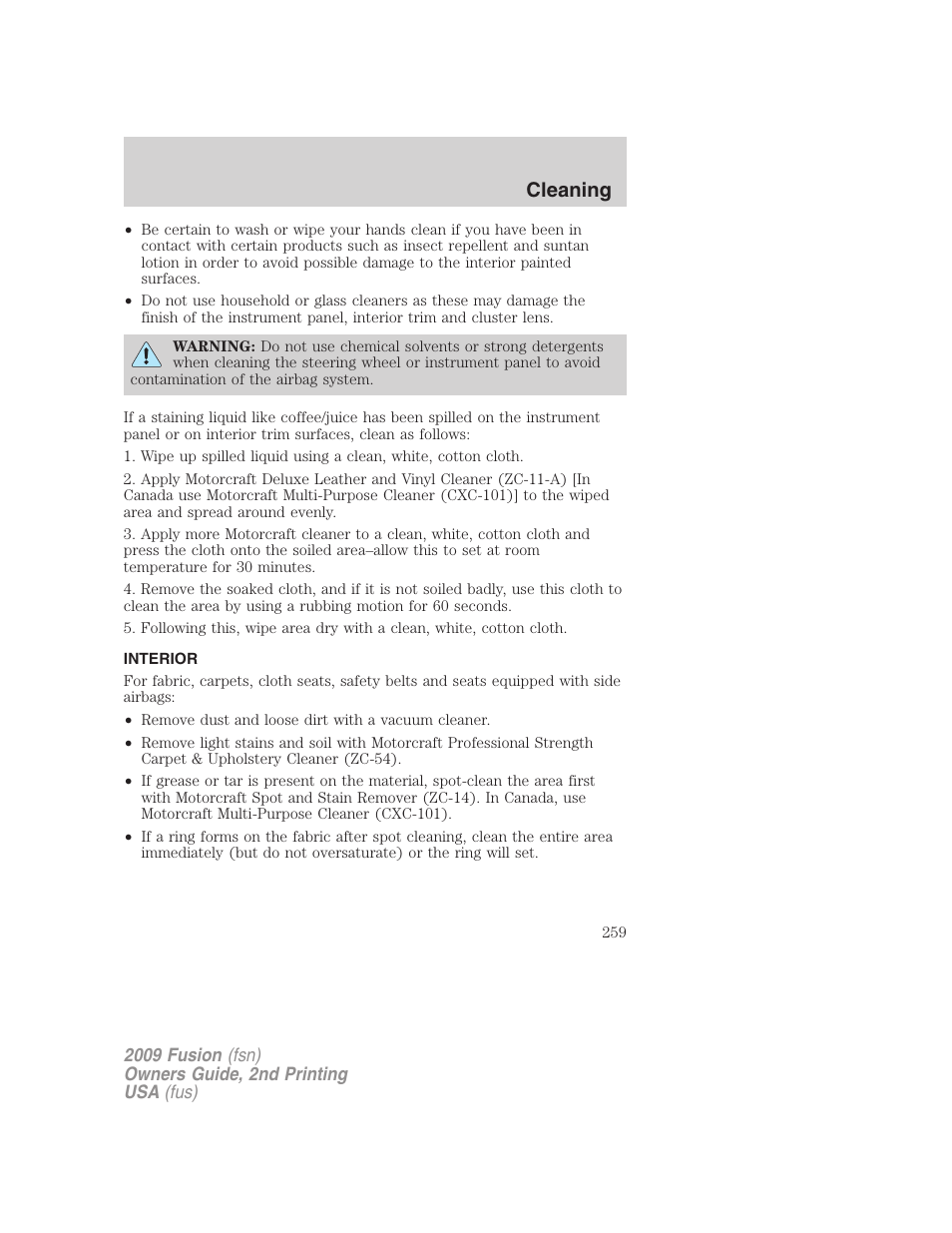 Interior, Cleaning | FORD 2009 Fusion v.2 User Manual | Page 259 / 314