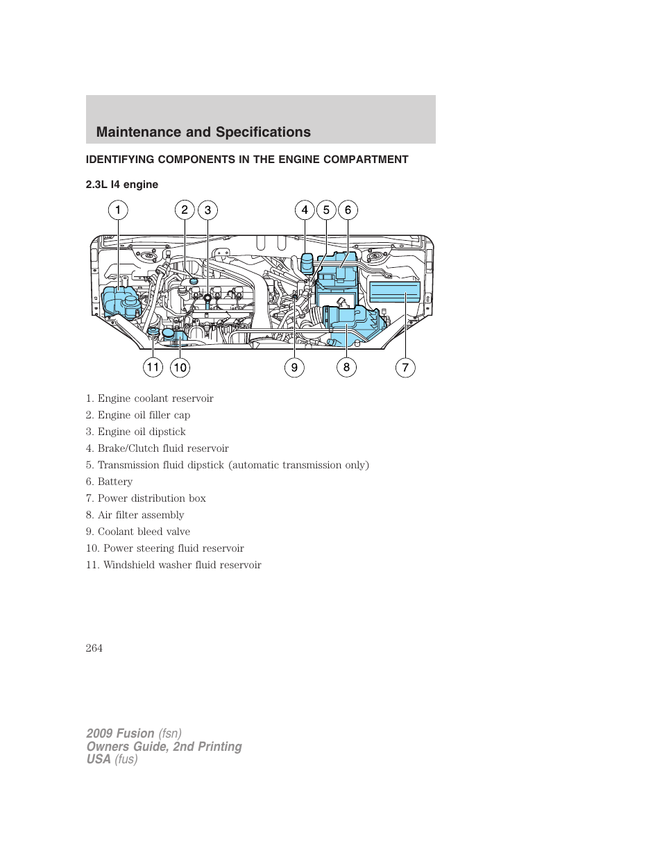 Identifying components in the engine compartment, 3l i4 engine, Engine compartment | Maintenance and specifications | FORD 2009 Fusion v.2 User Manual | Page 264 / 314