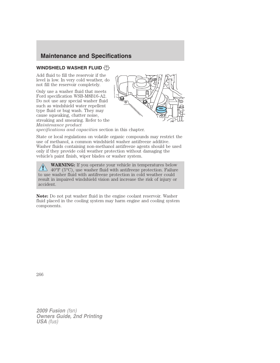 Windshield washer fluid, Maintenance and specifications | FORD 2009 Fusion v.2 User Manual | Page 266 / 314