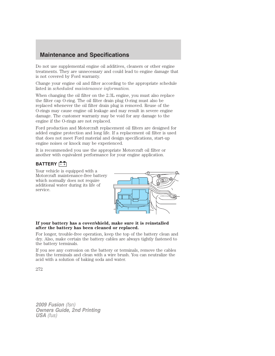 Battery, Maintenance and specifications | FORD 2009 Fusion v.2 User Manual | Page 272 / 314