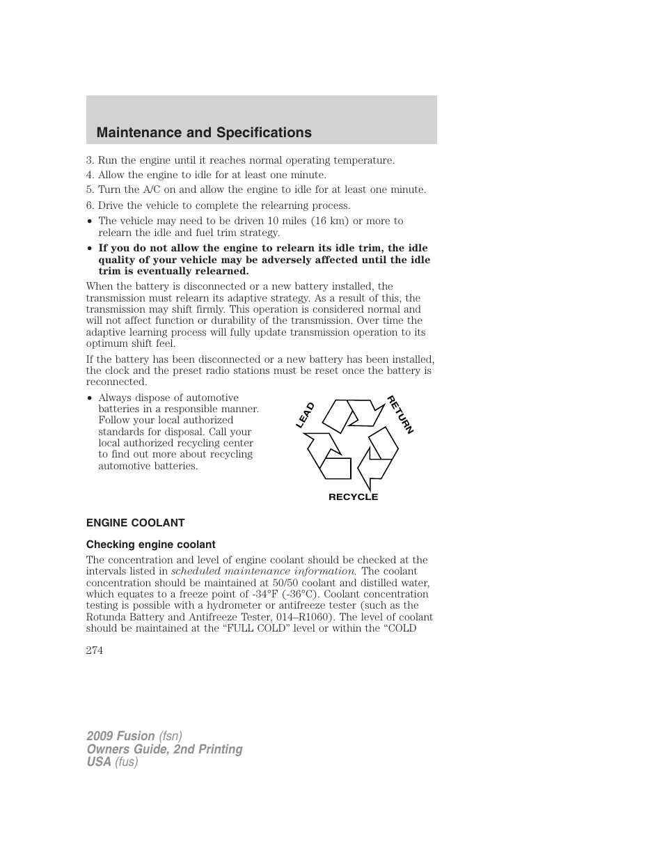 Engine coolant, Checking engine coolant, Maintenance and specifications | FORD 2009 Fusion v.2 User Manual | Page 274 / 314