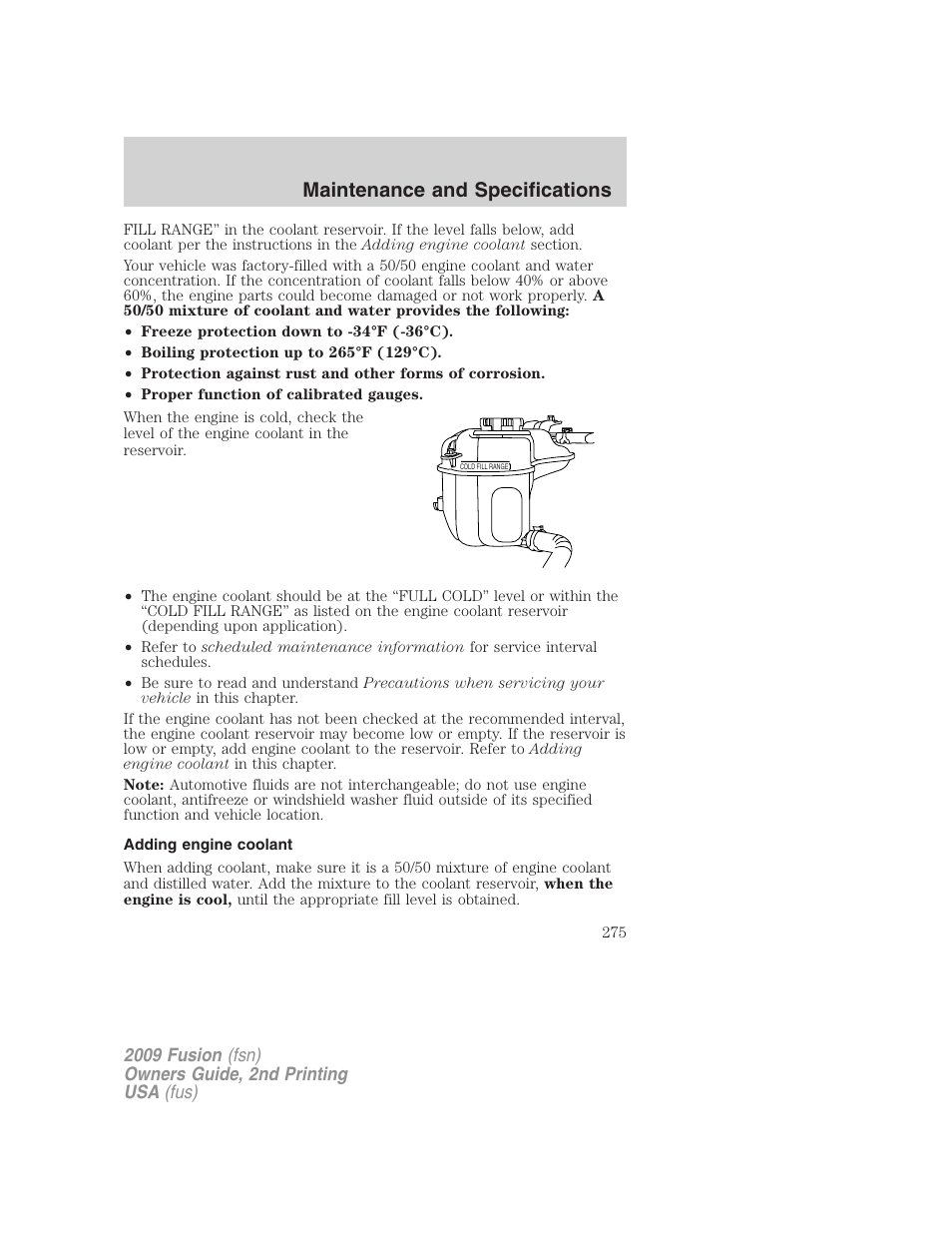 Adding engine coolant, Maintenance and specifications | FORD 2009 Fusion v.2 User Manual | Page 275 / 314