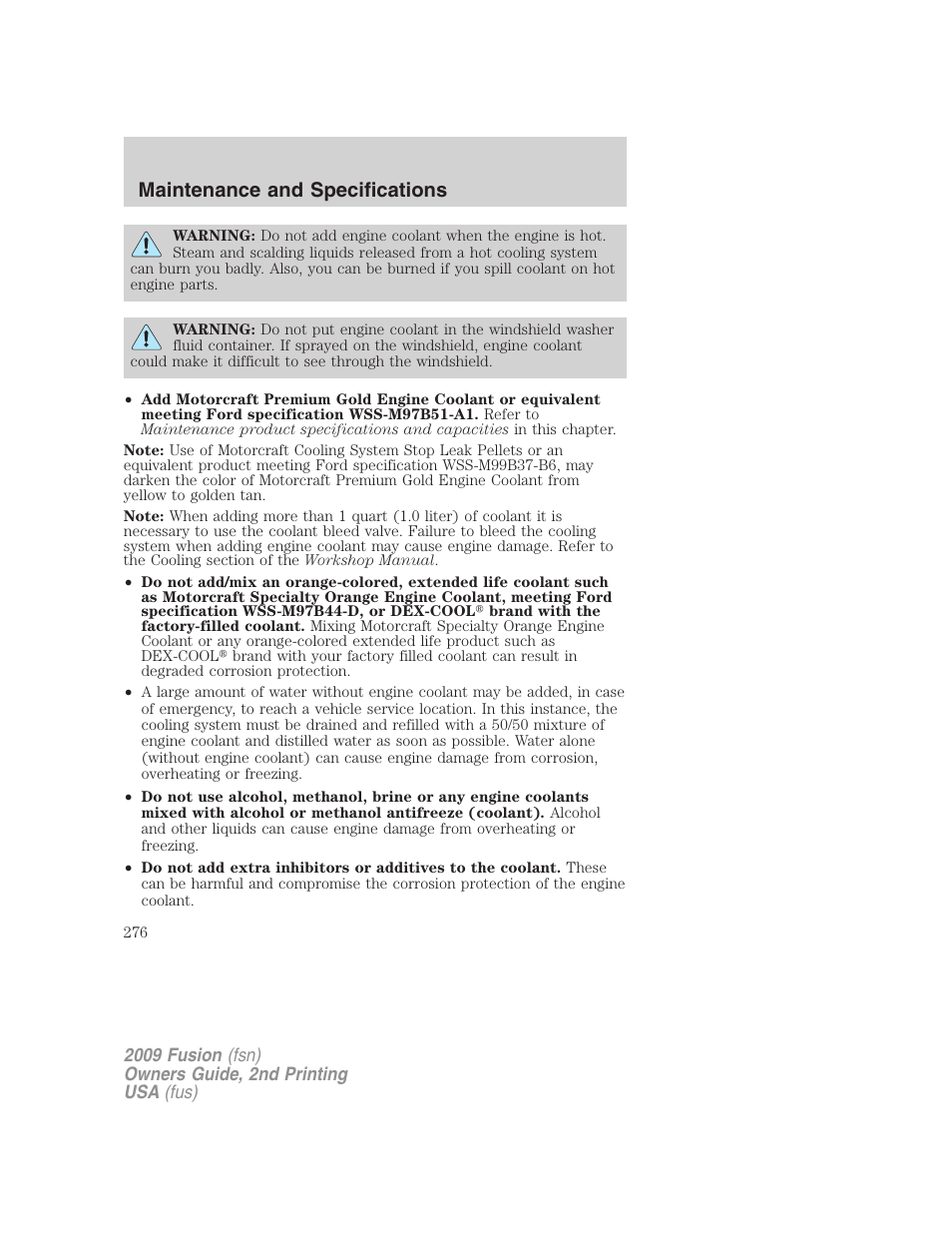 Maintenance and specifications | FORD 2009 Fusion v.2 User Manual | Page 276 / 314
