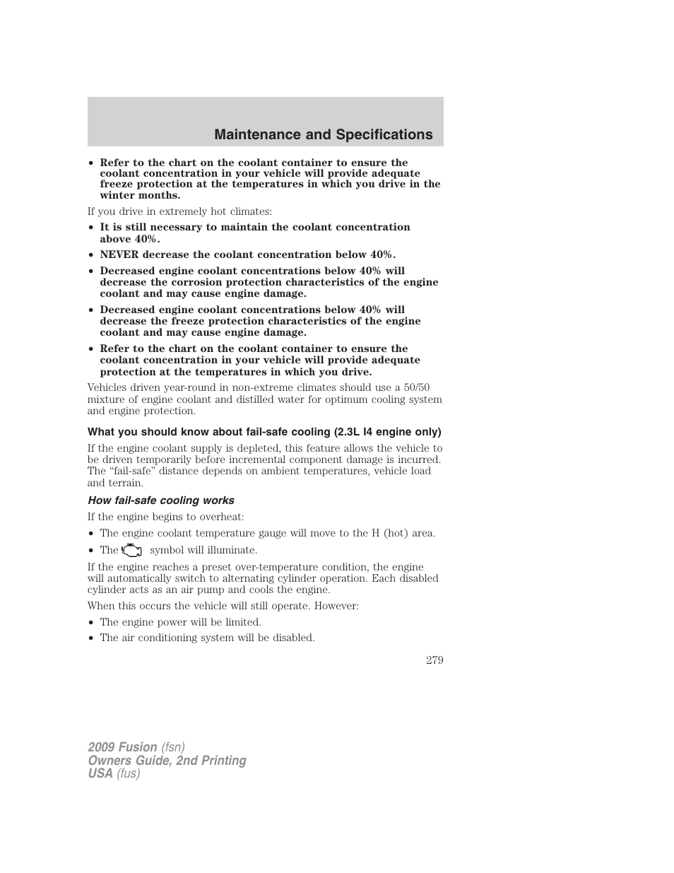 How fail-safe cooling works, Maintenance and specifications | FORD 2009 Fusion v.2 User Manual | Page 279 / 314