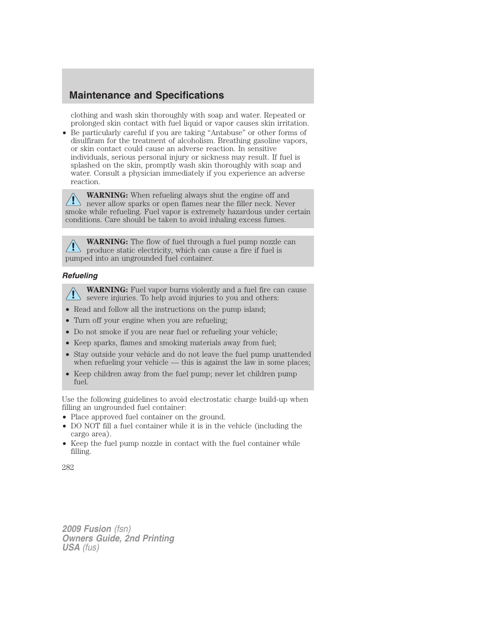 Refueling, Maintenance and specifications | FORD 2009 Fusion v.2 User Manual | Page 282 / 314