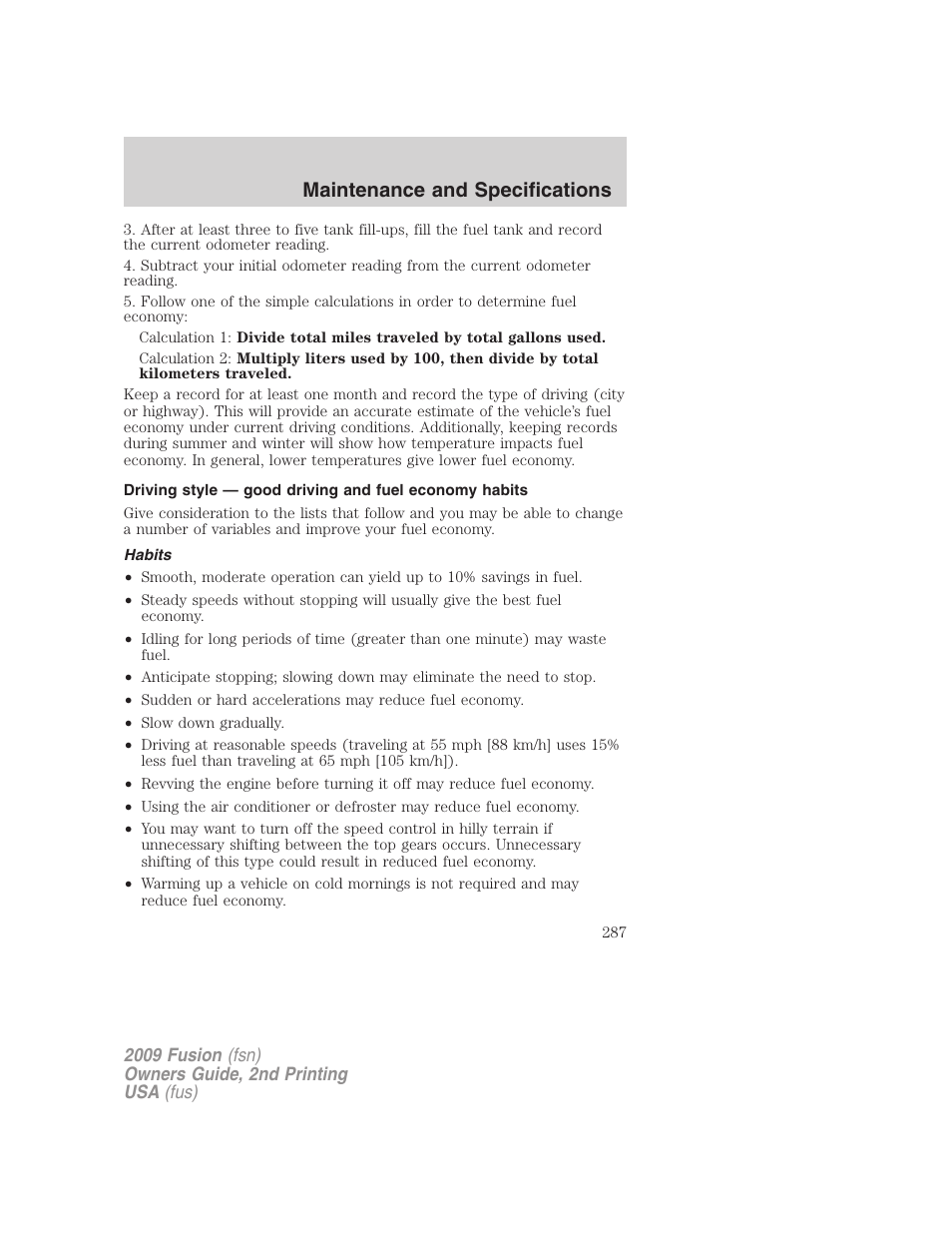 Habits, Maintenance and specifications | FORD 2009 Fusion v.2 User Manual | Page 287 / 314