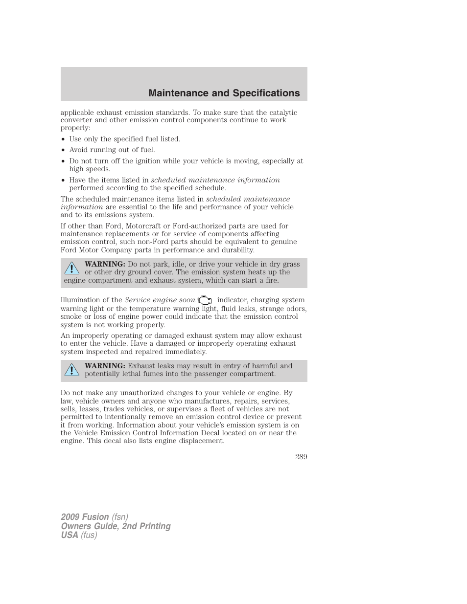 Maintenance and specifications | FORD 2009 Fusion v.2 User Manual | Page 289 / 314