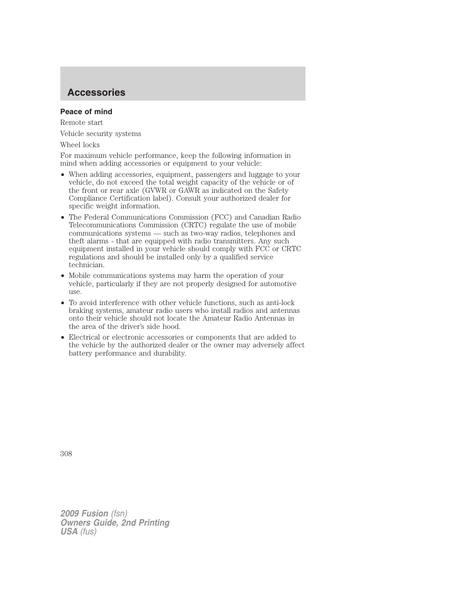 Peace of mind, Accessories | FORD 2009 Fusion v.2 User Manual | Page 308 / 314