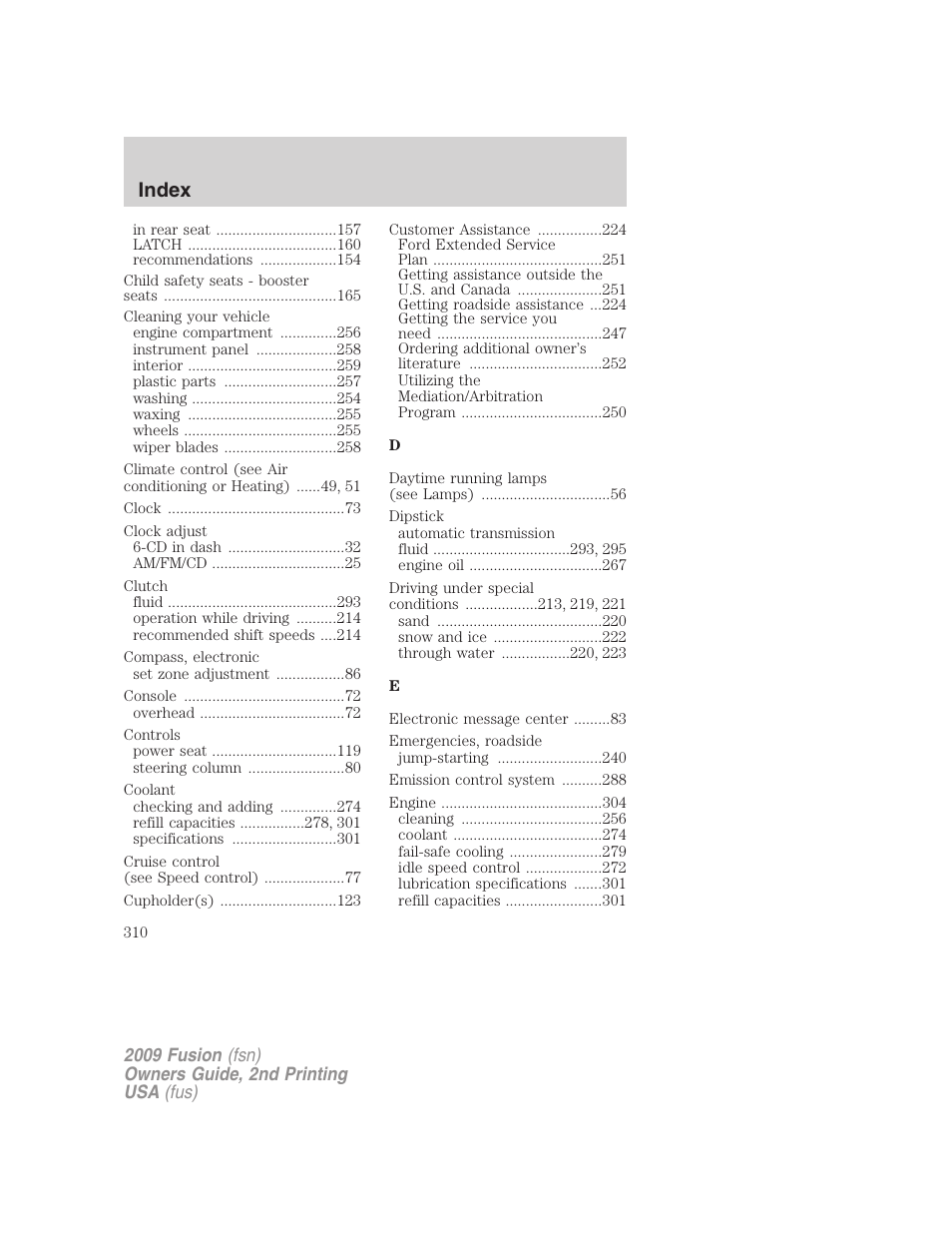 Index | FORD 2009 Fusion v.2 User Manual | Page 310 / 314