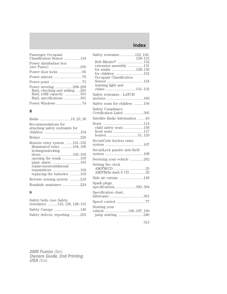 Index | FORD 2009 Fusion v.2 User Manual | Page 313 / 314