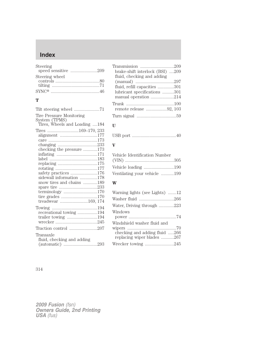 Index | FORD 2009 Fusion v.2 User Manual | Page 314 / 314