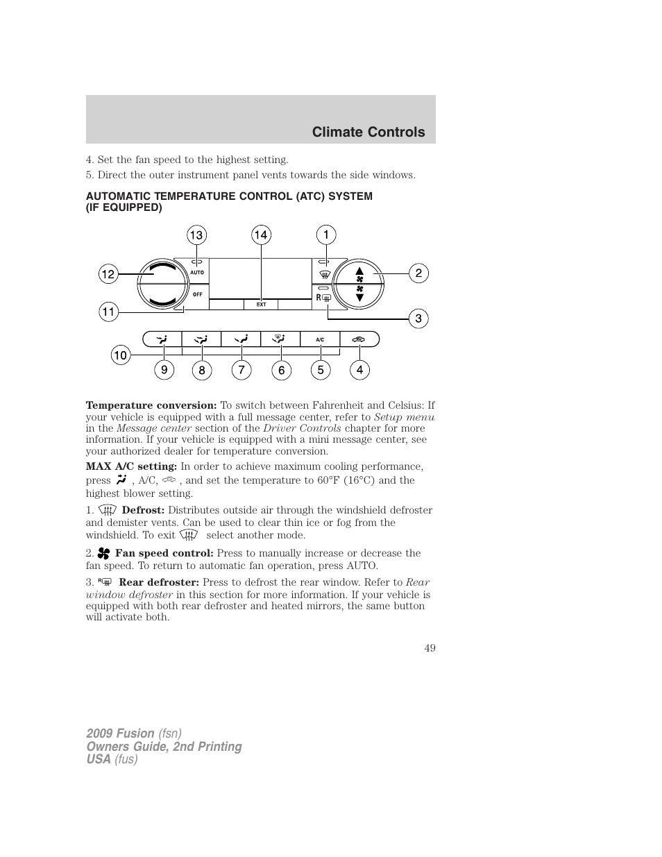 Automatic temperature control, Climate controls | FORD 2009 Fusion v.2 User Manual | Page 49 / 314