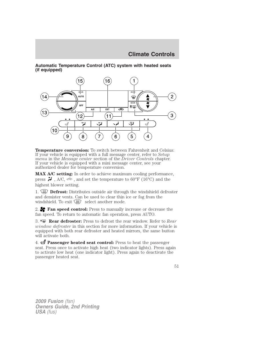 Climate controls | FORD 2009 Fusion v.2 User Manual | Page 51 / 314