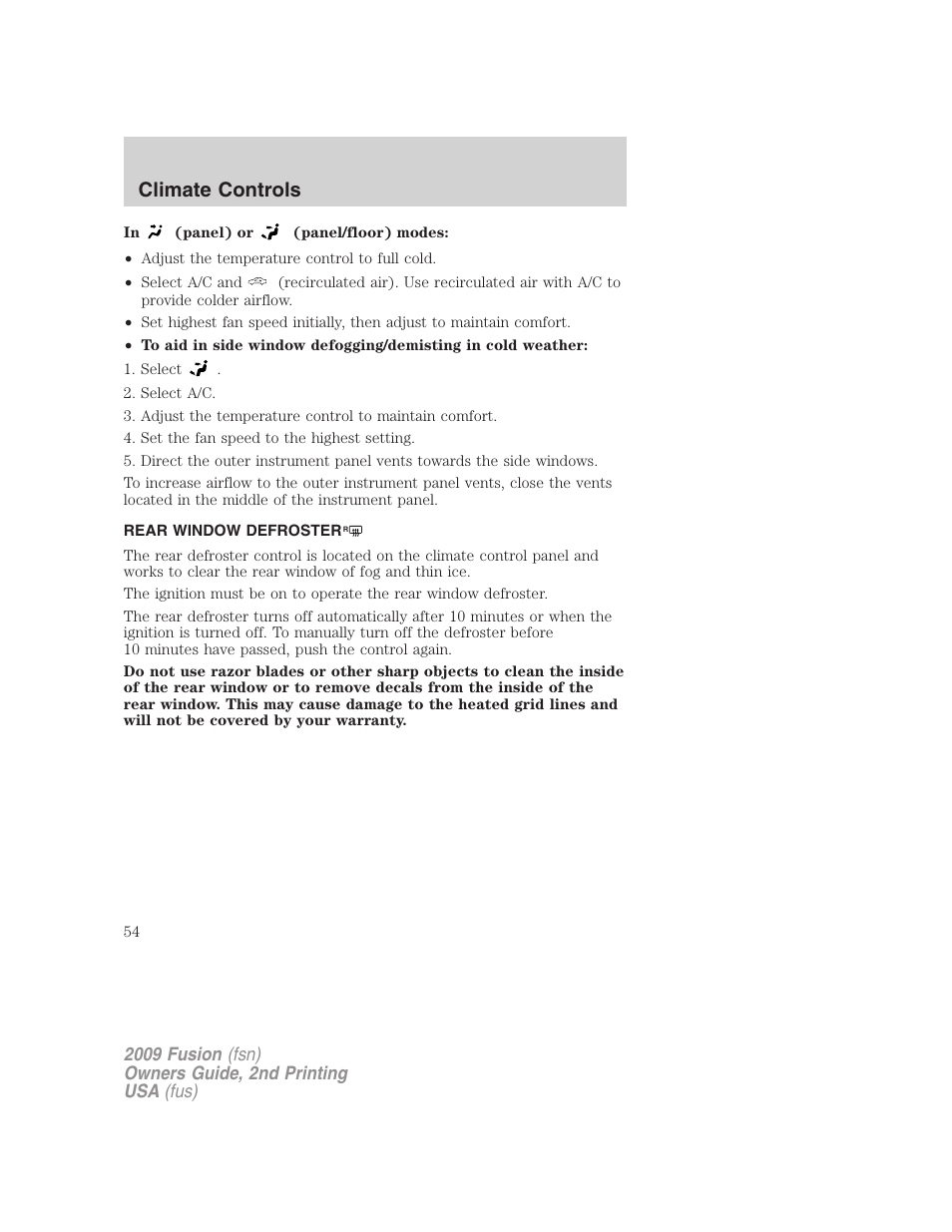 Rear window defroster, Climate controls | FORD 2009 Fusion v.2 User Manual | Page 54 / 314