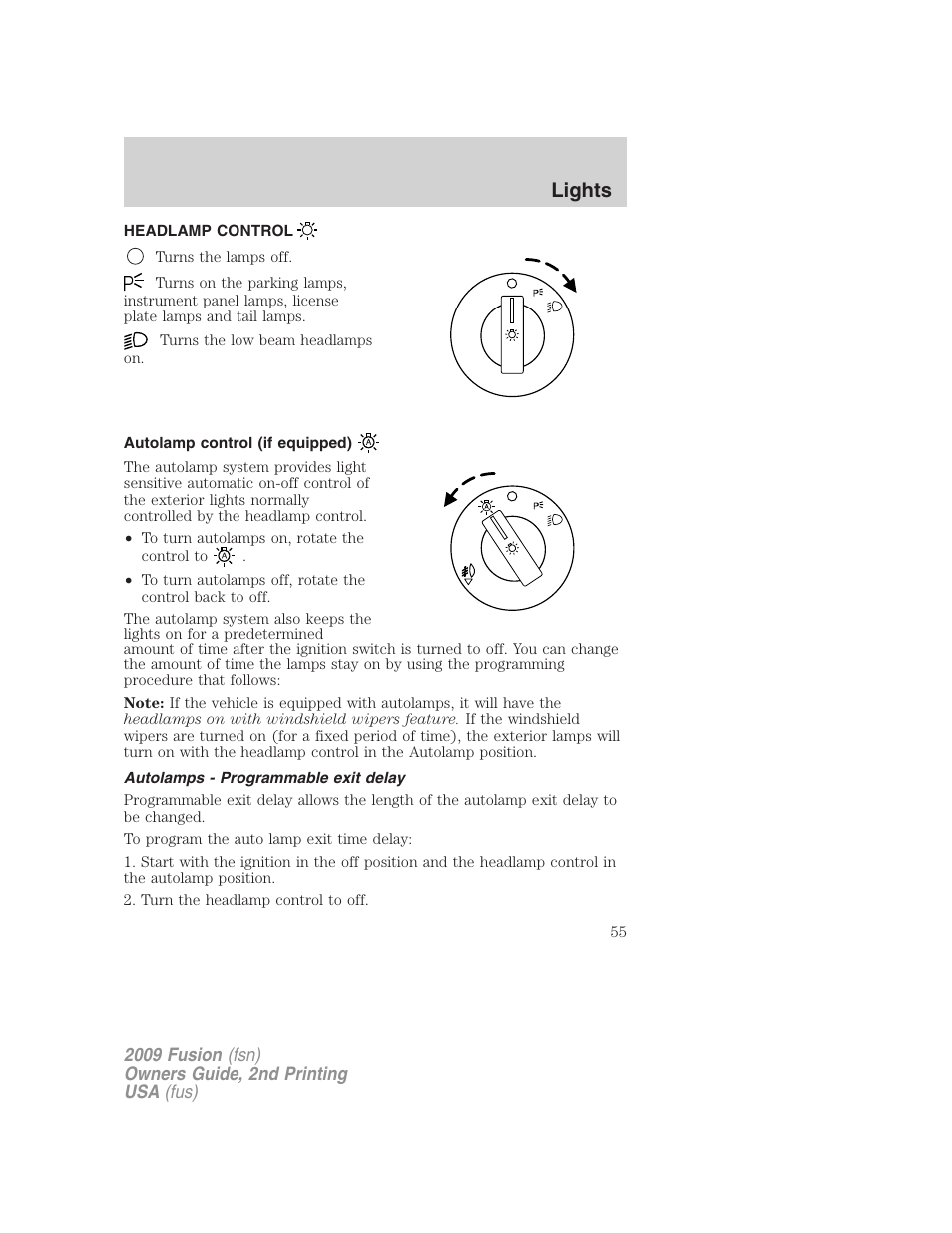 Lights, Headlamp control, Autolamp control (if equipped) | Autolamps - programmable exit delay, Headlamps | FORD 2009 Fusion v.2 User Manual | Page 55 / 314