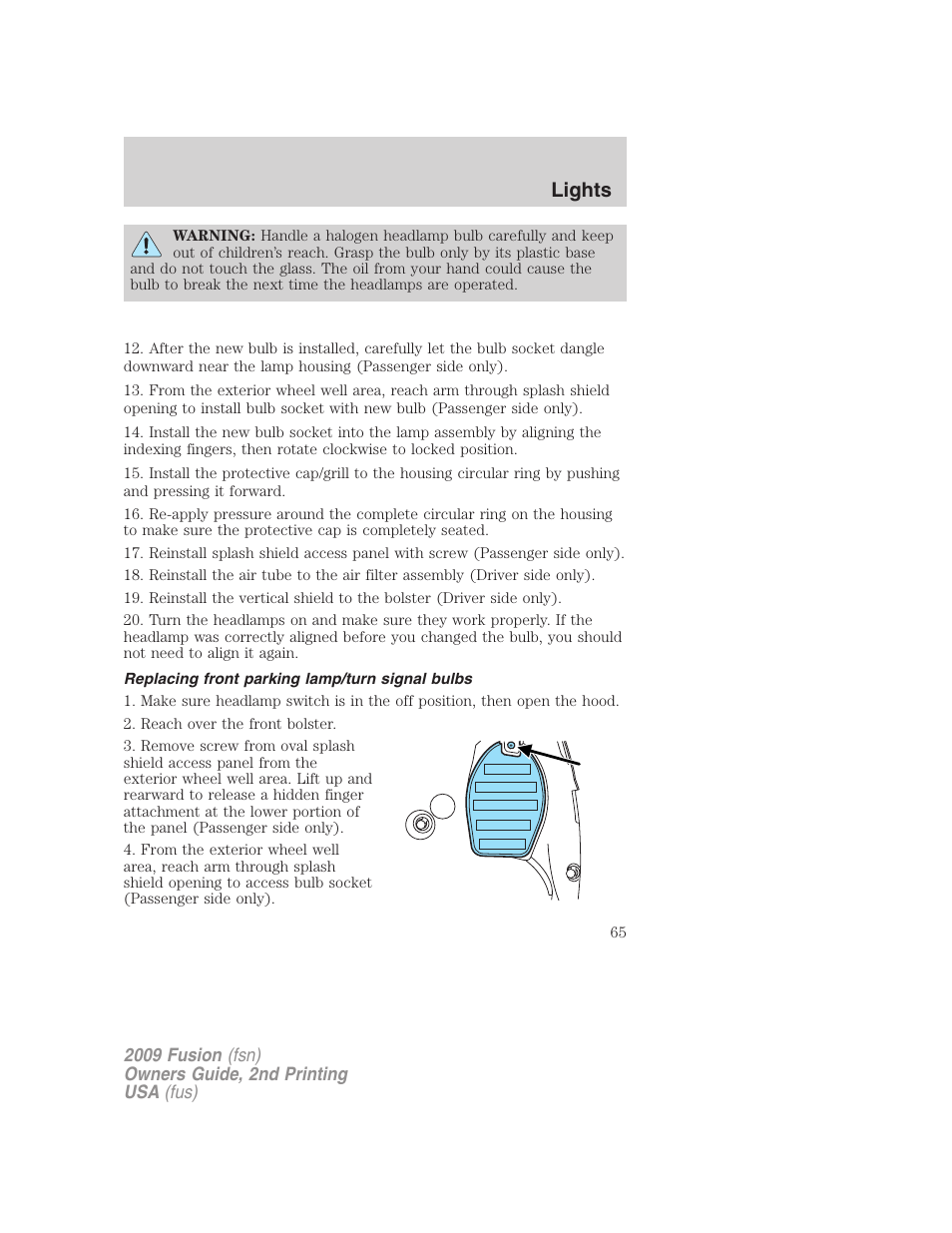 Replacing front parking lamp/turn signal bulbs, Lights | FORD 2009 Fusion v.2 User Manual | Page 65 / 314