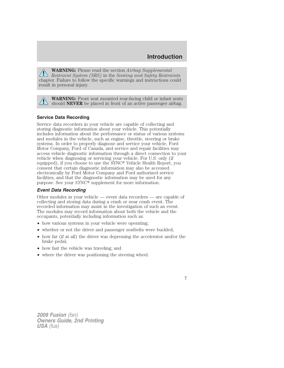 Service data recording, Event data recording, Introduction | FORD 2009 Fusion v.2 User Manual | Page 7 / 314