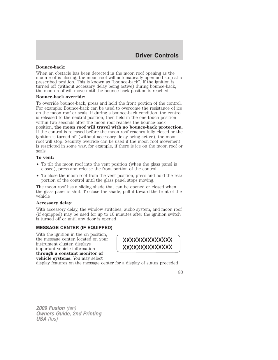 Message center (if equipped), Message center, Driver controls | FORD 2009 Fusion v.2 User Manual | Page 83 / 314