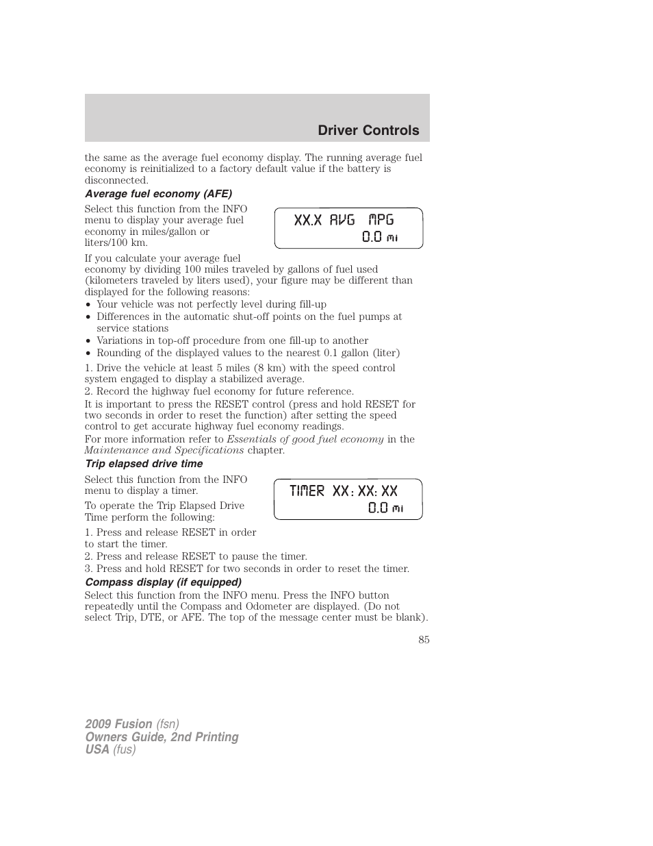 Average fuel economy (afe), Trip elapsed drive time, Compass display (if equipped) | Driver controls | FORD 2009 Fusion v.2 User Manual | Page 85 / 314