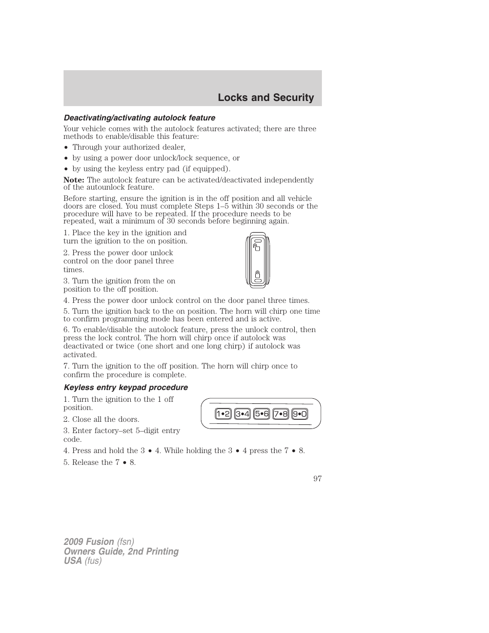 Deactivating/activating autolock feature, Keyless entry keypad procedure, Locks and security | FORD 2009 Fusion v.2 User Manual | Page 97 / 314