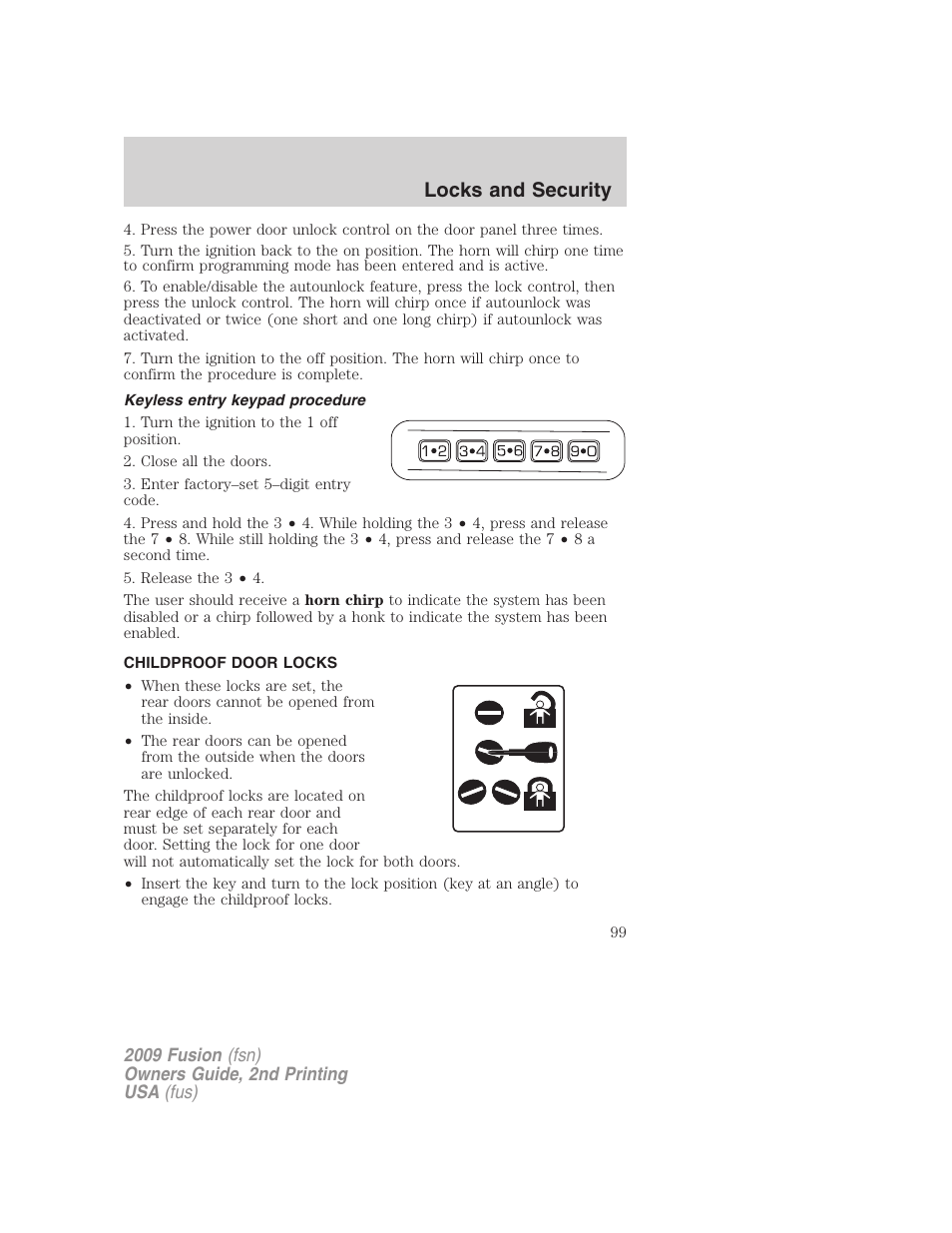 Keyless entry keypad procedure, Childproof door locks, Locks and security | FORD 2009 Fusion v.2 User Manual | Page 99 / 314