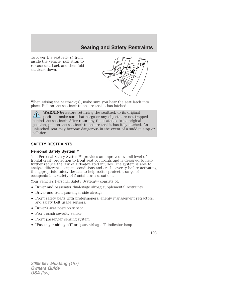 Safety restraints, Personal safety system, Seating and safety restraints | FORD 2009 Mustang User Manual | Page 103 / 292