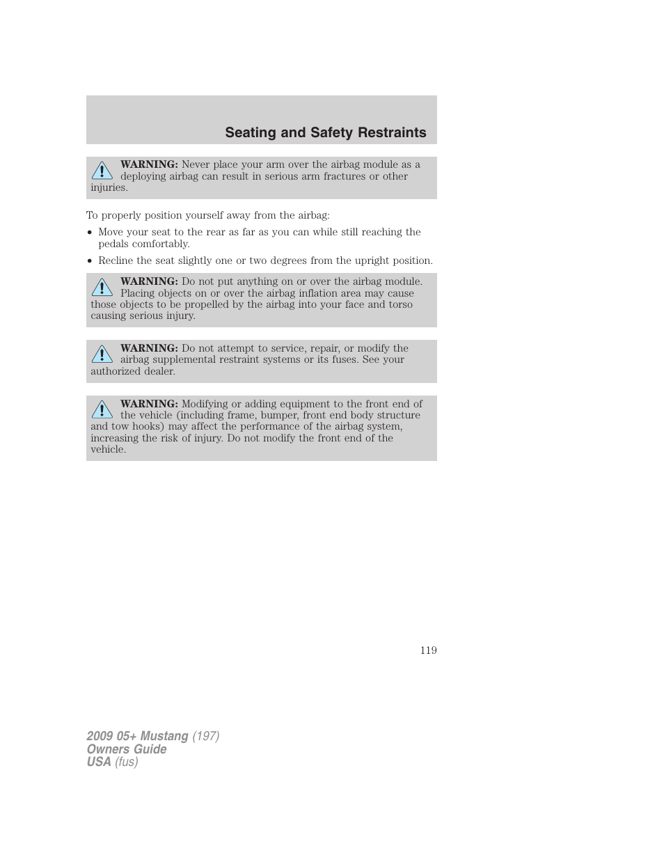 Seating and safety restraints | FORD 2009 Mustang User Manual | Page 119 / 292