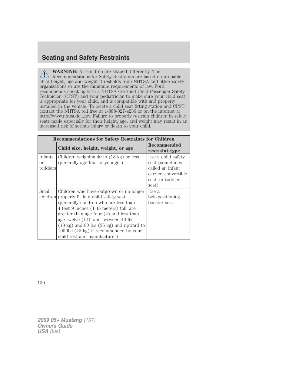 Seating and safety restraints | FORD 2009 Mustang User Manual | Page 130 / 292