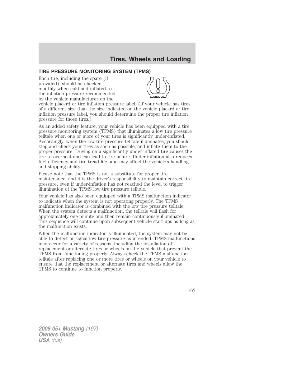 Tire pressure monitoring system (tpms), Tires, wheels and loading | FORD 2009 Mustang User Manual | Page 163 / 292