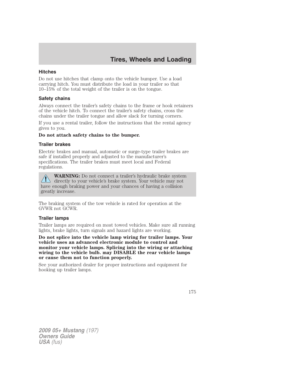 Hitches, Safety chains, Trailer brakes | Trailer lamps, Tires, wheels and loading | FORD 2009 Mustang User Manual | Page 175 / 292