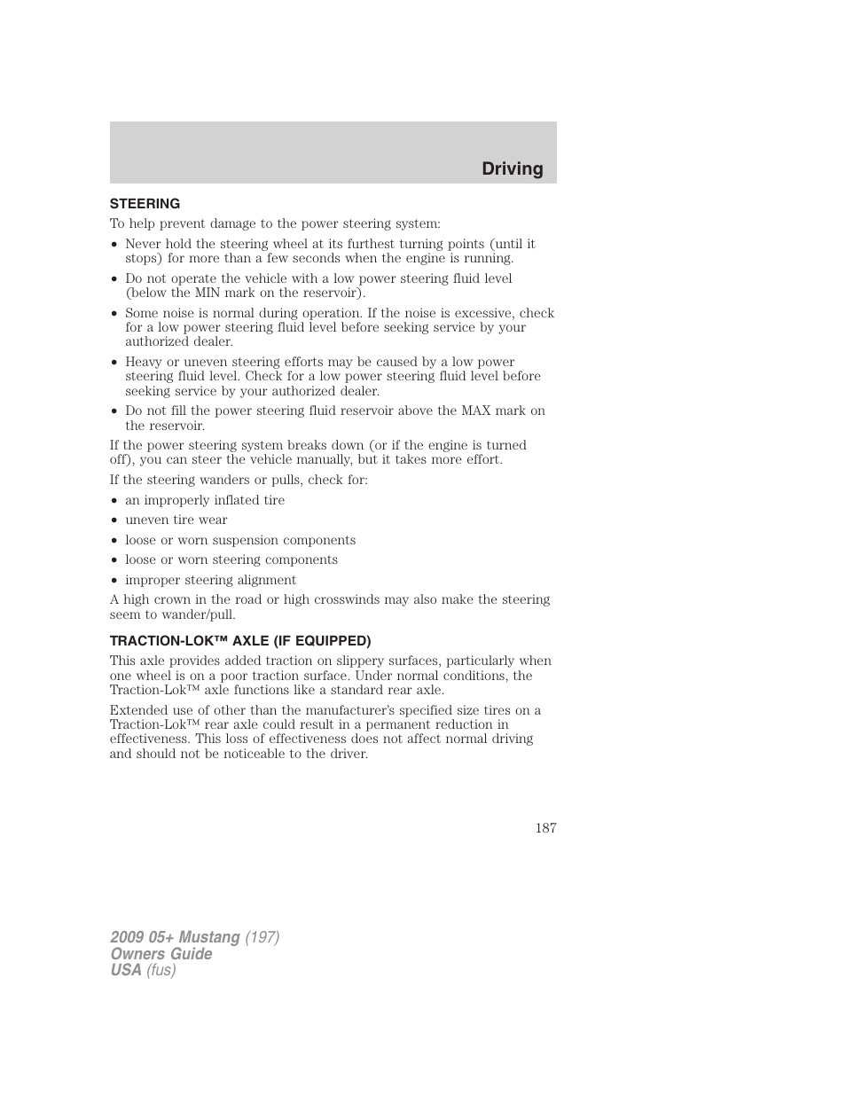 Steering, Traction-lok™ axle (if equipped), Driving | FORD 2009 Mustang User Manual | Page 187 / 292