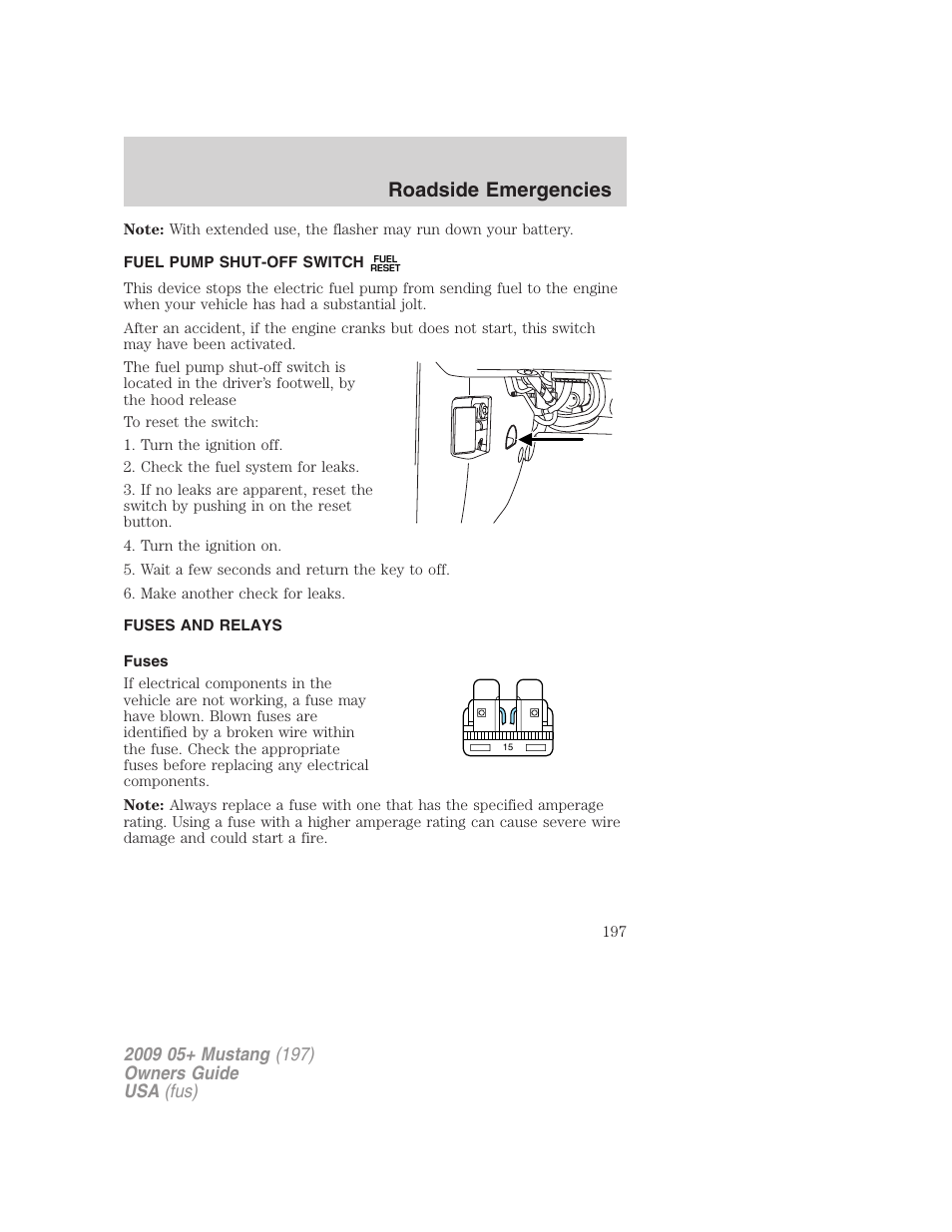 Fuel pump shut-off switch, Fuses and relays, Fuses | Roadside emergencies | FORD 2009 Mustang User Manual | Page 197 / 292