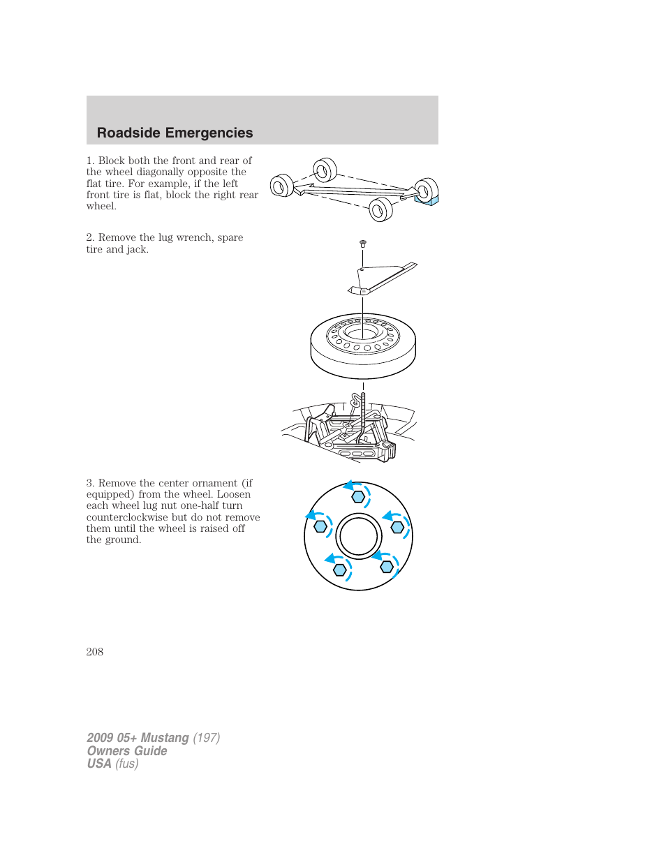 Roadside emergencies | FORD 2009 Mustang User Manual | Page 208 / 292