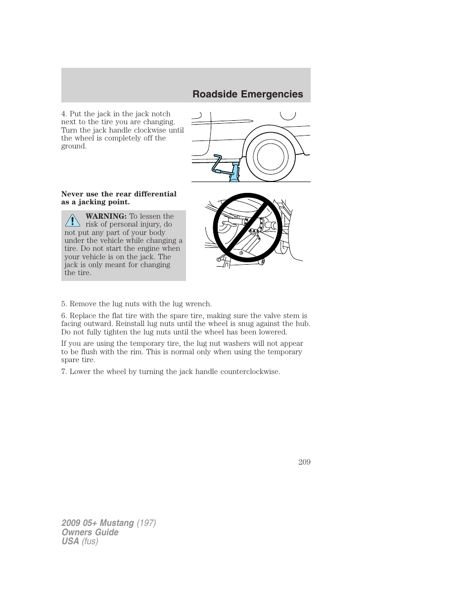 Roadside emergencies | FORD 2009 Mustang User Manual | Page 209 / 292