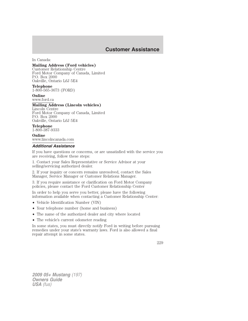 Additional assistance, Customer assistance | FORD 2009 Mustang User Manual | Page 229 / 292