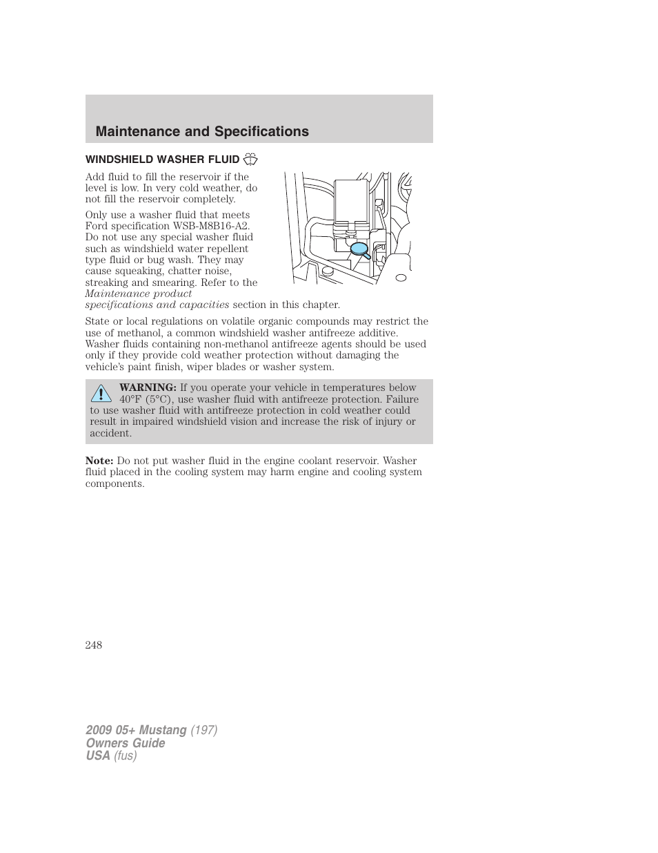 Windshield washer fluid, Maintenance and specifications | FORD 2009 Mustang User Manual | Page 248 / 292