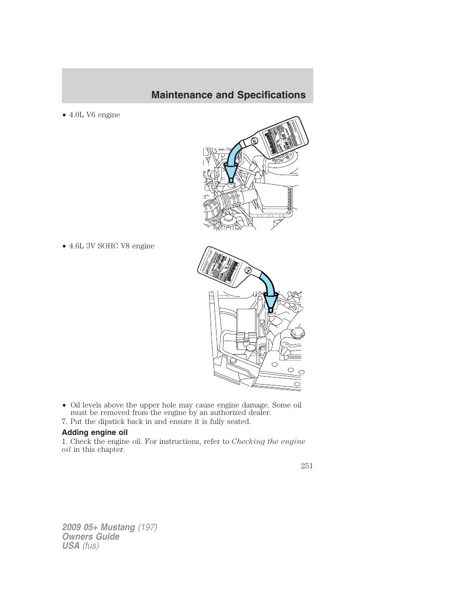 Adding engine oil, Maintenance and specifications | FORD 2009 Mustang User Manual | Page 251 / 292