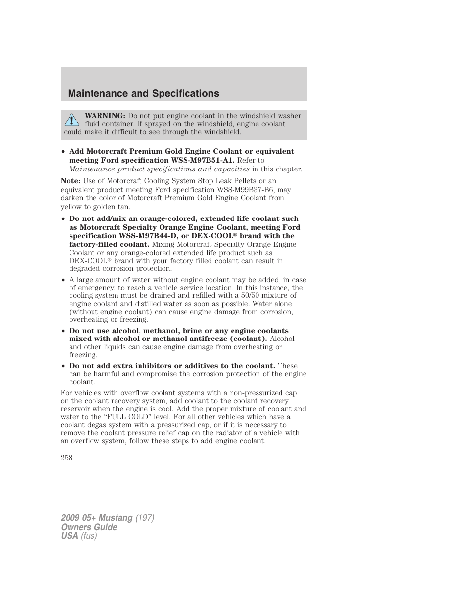 Maintenance and specifications | FORD 2009 Mustang User Manual | Page 258 / 292