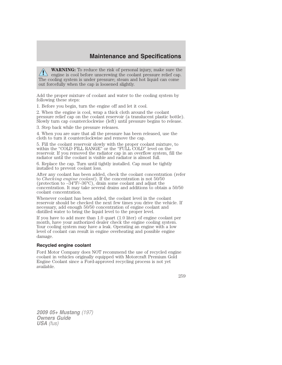 Recycled engine coolant, Maintenance and specifications | FORD 2009 Mustang User Manual | Page 259 / 292