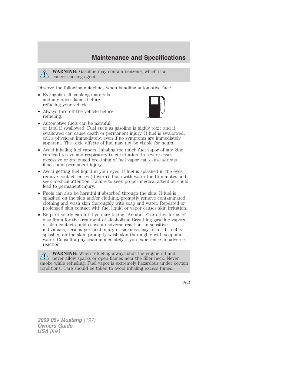 Maintenance and specifications | FORD 2009 Mustang User Manual | Page 263 / 292
