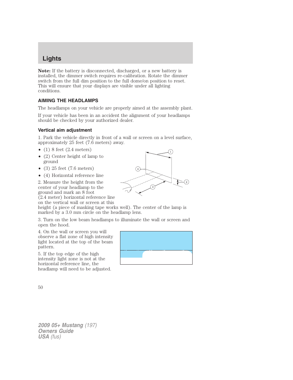 Aiming the headlamps, Vertical aim adjustment, Lights | FORD 2009 Mustang User Manual | Page 50 / 292