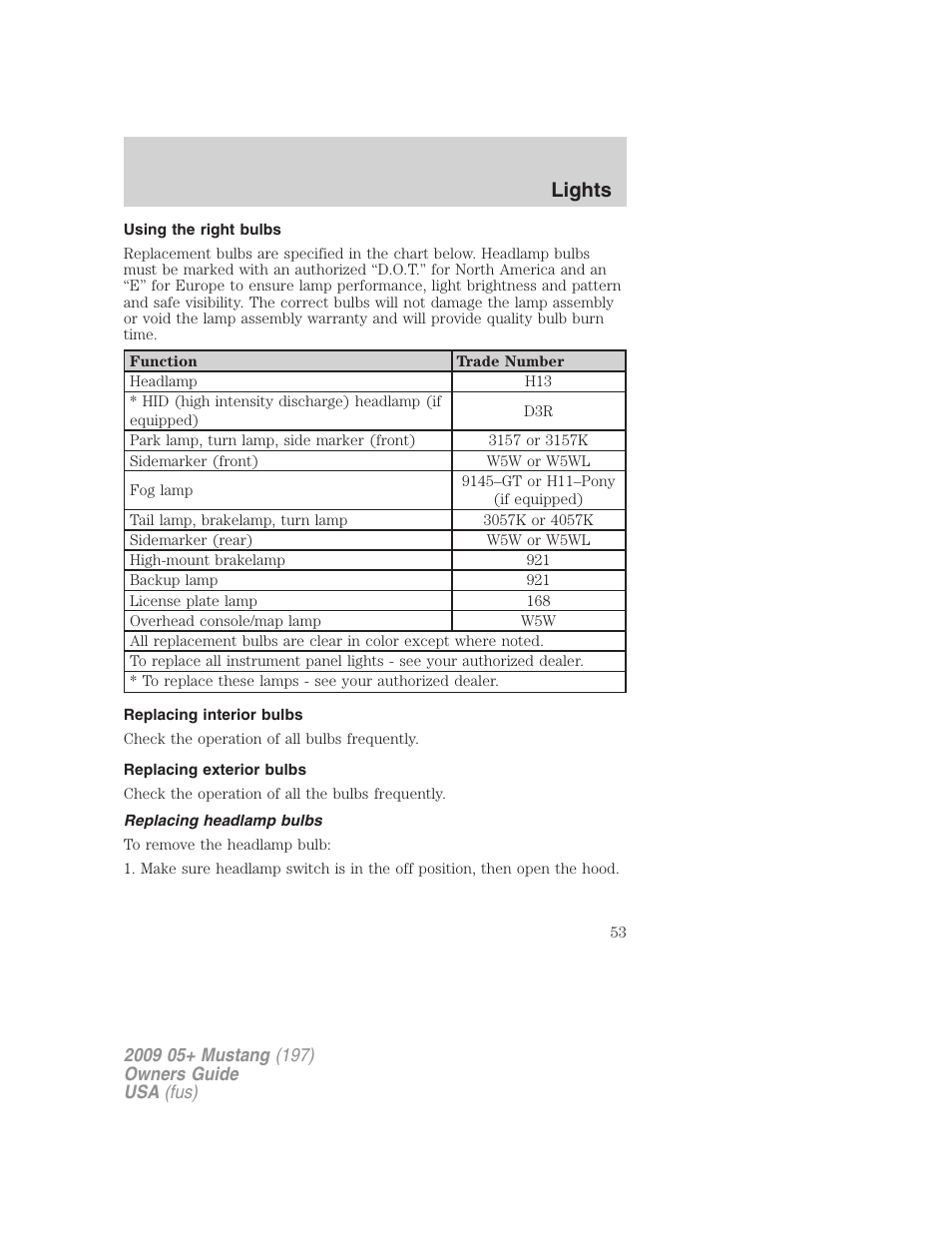 Using the right bulbs, Replacing interior bulbs, Replacing exterior bulbs | Replacing headlamp bulbs, Lights | FORD 2009 Mustang User Manual | Page 53 / 292