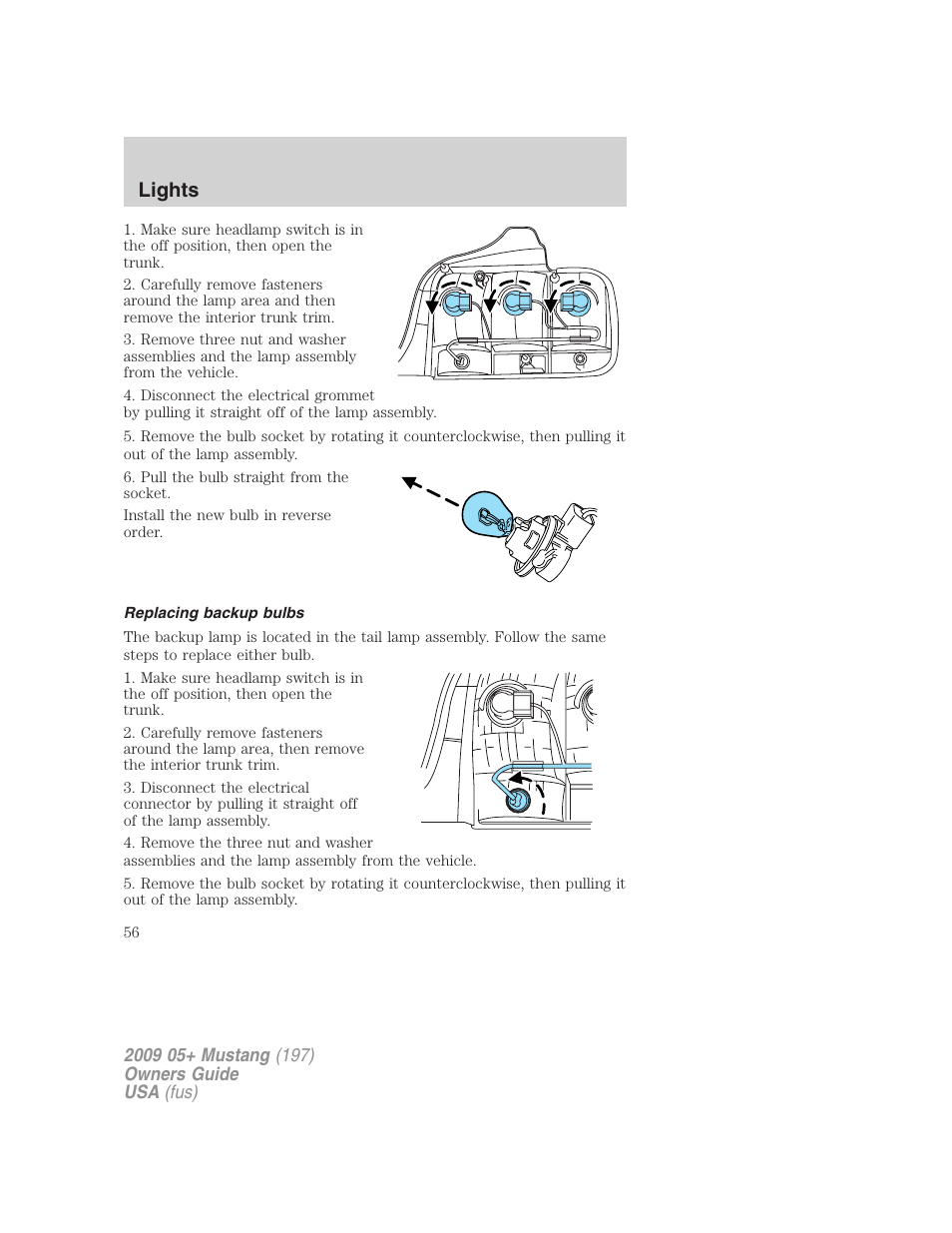 Replacing backup bulbs, Lights | FORD 2009 Mustang User Manual | Page 56 / 292