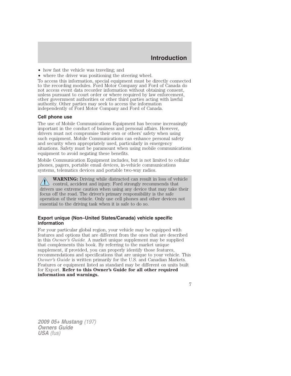 Cell phone use, Introduction | FORD 2009 Mustang User Manual | Page 7 / 292