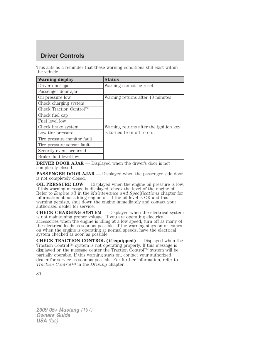 Driver controls | FORD 2009 Mustang User Manual | Page 80 / 292