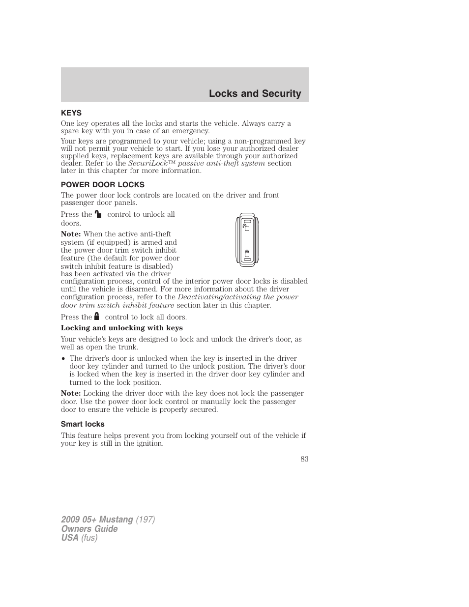 Locks and security, Keys, Power door locks | Smart locks, Locks | FORD 2009 Mustang User Manual | Page 83 / 292